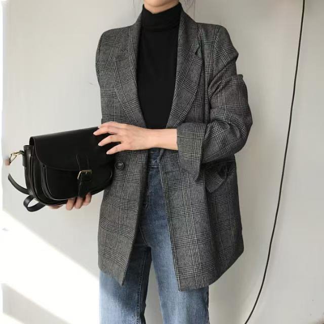 Tweed Blazer for Women — Gray Plaid, Double-breasted, Long Sleeves - image 6