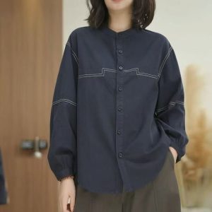 Long-sleeve Shirt for Women — Navy, White Topstitching, Button-down Front - image 1