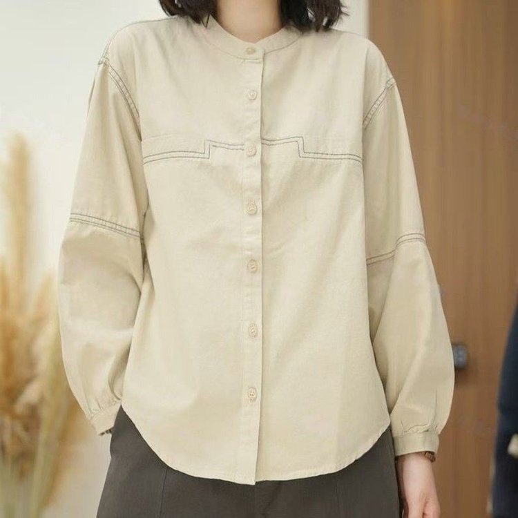 Long-sleeve Shirt for Women — Navy, White Topstitching, Button-down Front - image 2