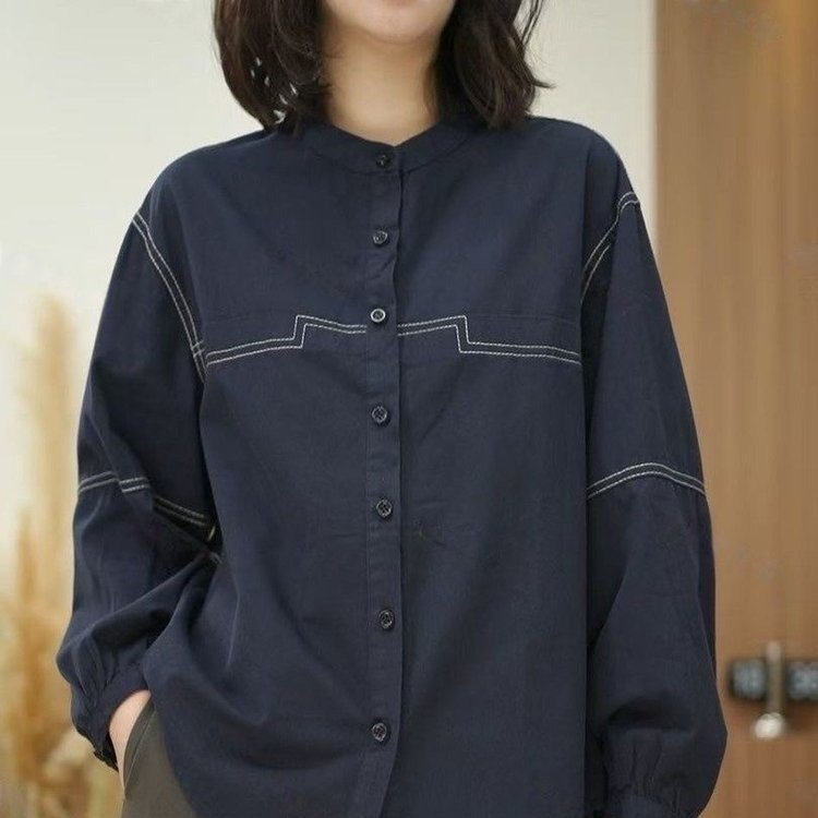 Long-sleeve Shirt for Women — Navy, White Topstitching, Button-down Front - image 3