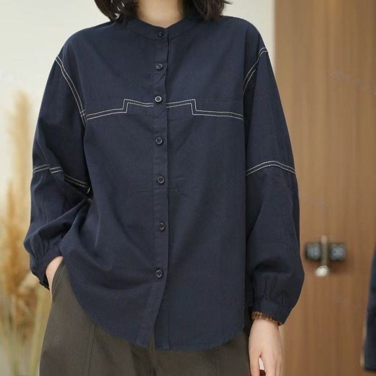 Long-sleeve Shirt for Women — Navy, White Topstitching, Button-down Front - image 5