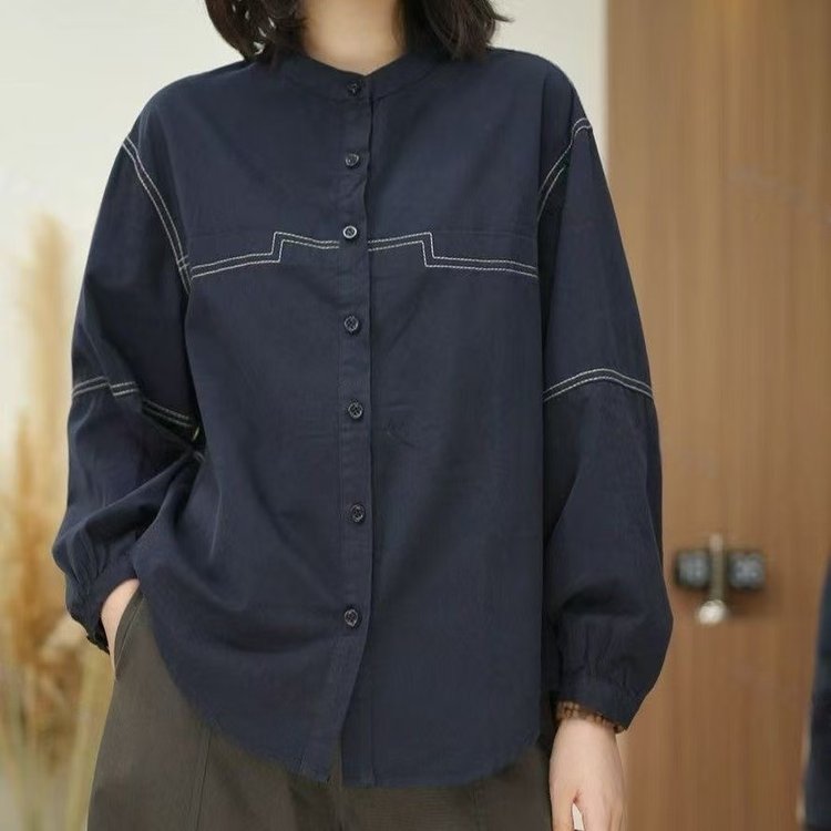 Long-sleeve Shirt for Women — Navy, White Topstitching, Button-down Front - image 6