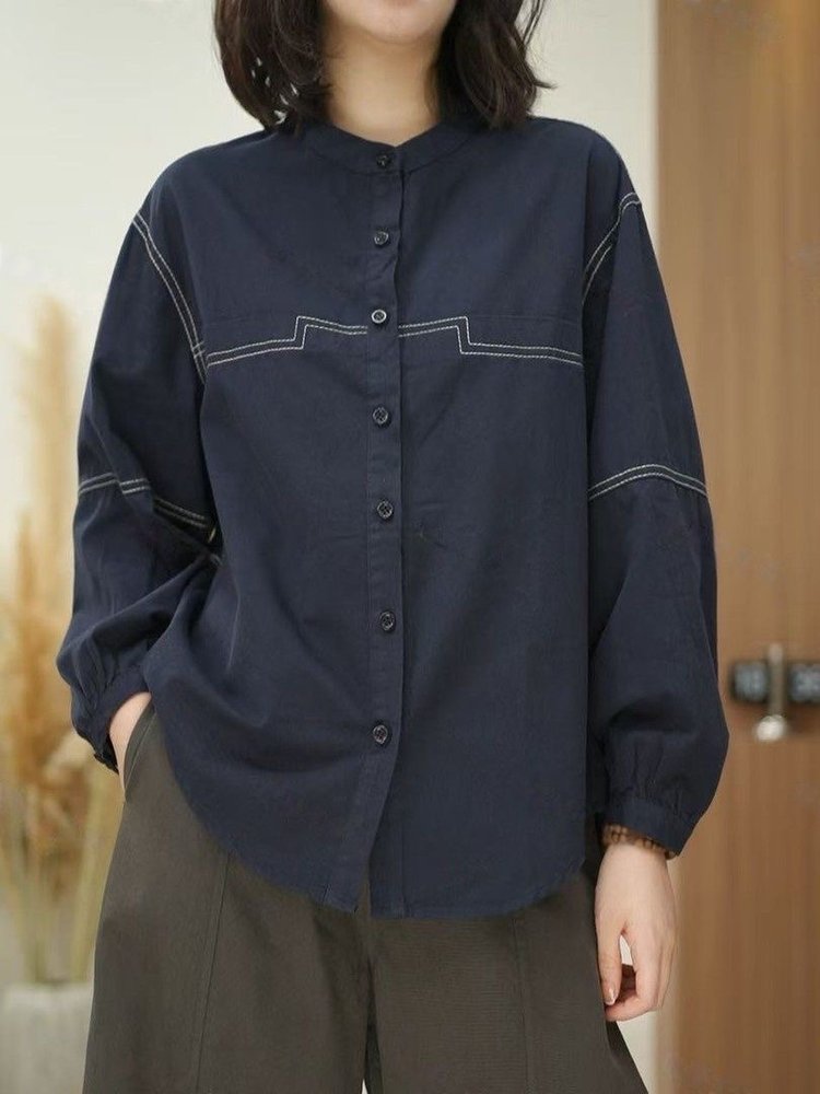 Long-sleeve Shirt for Women — Navy, White Topstitching, Button-down Front - image 7