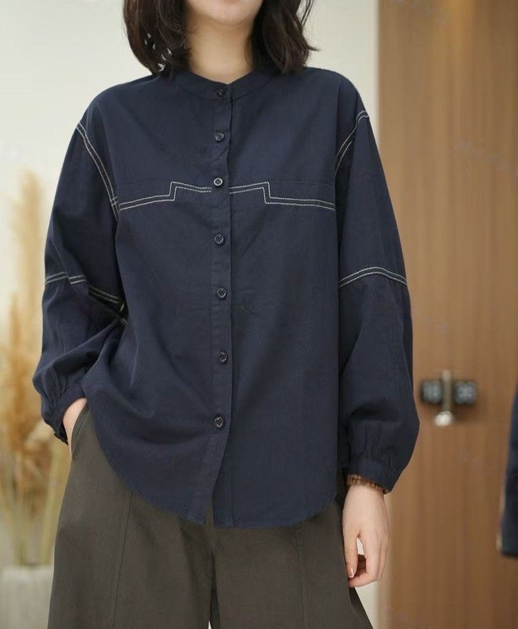 Long-sleeve Shirt for Women — Navy, White Topstitching, Button-down Front - image 8