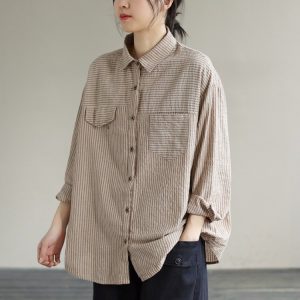 Striped Shirt for Women — Beige, Brown Stripes, Chest Pockets - image 1