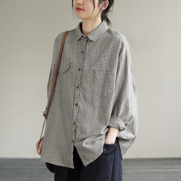 Striped Shirt for Women — Beige, Brown Stripes, Chest Pockets - image 2