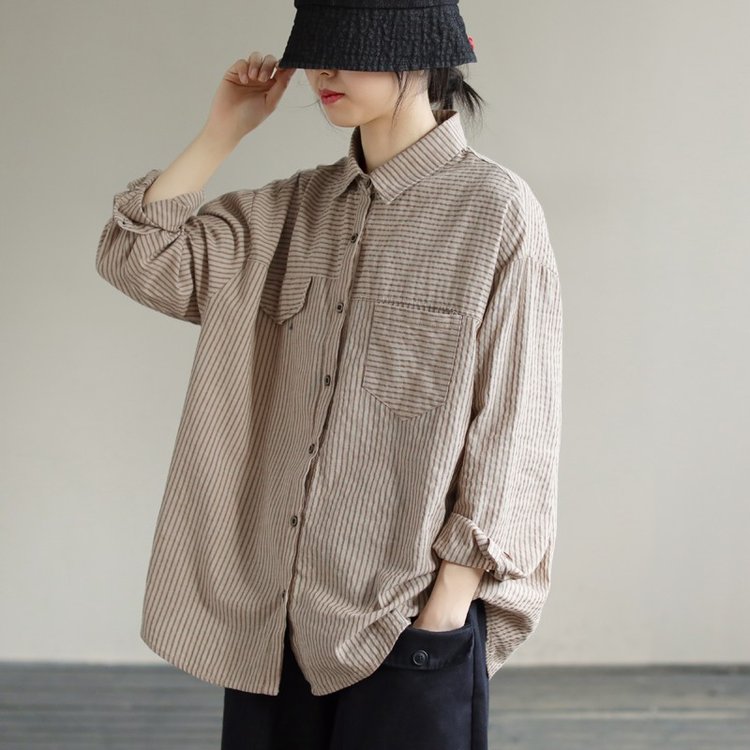 Striped Shirt for Women — Beige, Brown Stripes, Chest Pockets - image 3