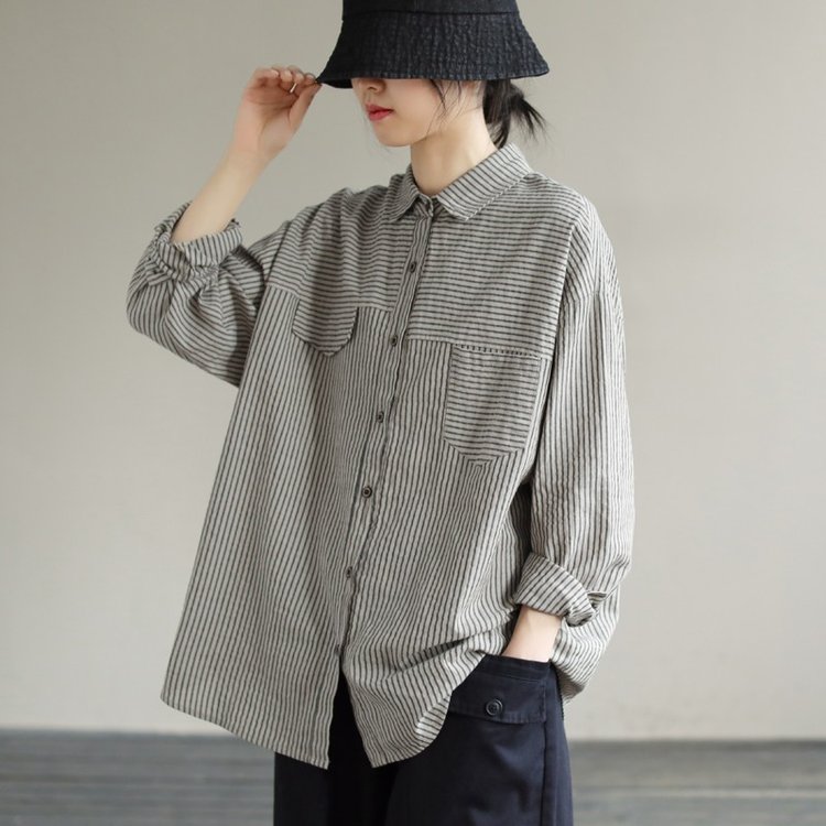 Striped Shirt for Women — Beige, Brown Stripes, Chest Pockets - image 4