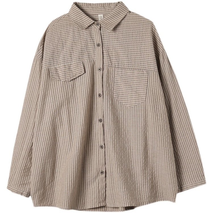 Striped Shirt for Women — Beige, Brown Stripes, Chest Pockets - image 5