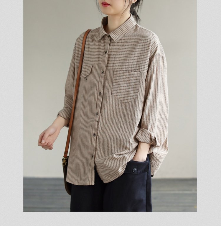 Striped Shirt for Women — Beige, Brown Stripes, Chest Pockets - image 6