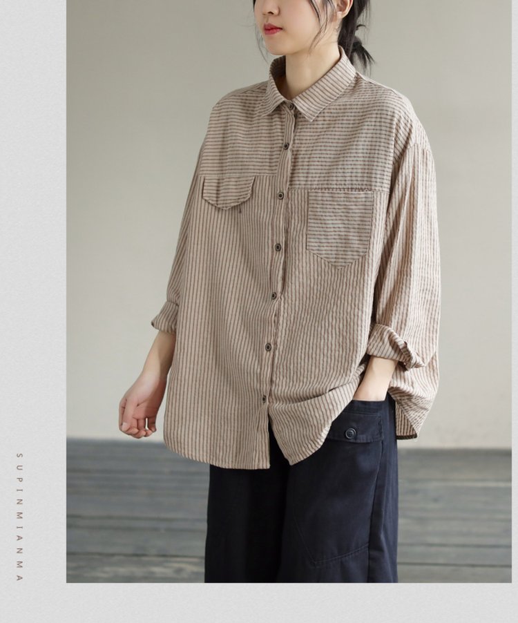 Striped Shirt for Women — Beige, Brown Stripes, Chest Pockets - image 7