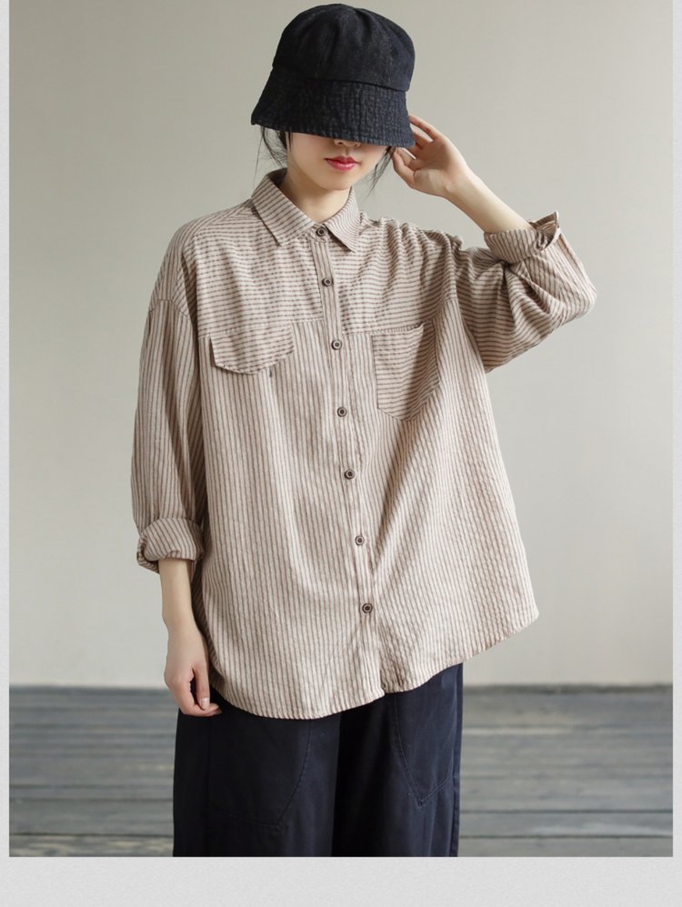 Striped Shirt for Women — Beige, Brown Stripes, Chest Pockets - image 8