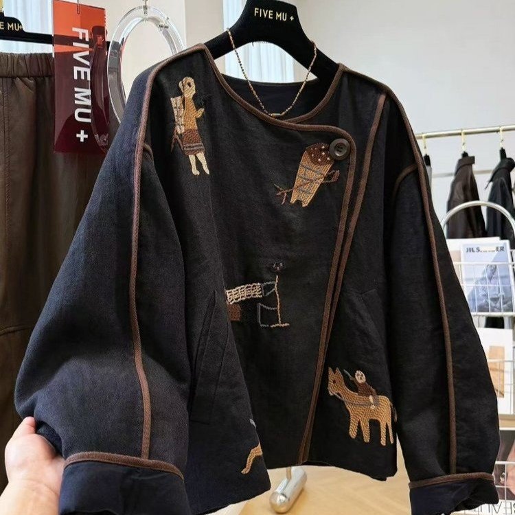 Embroidered Jacket for Women — Navy, Brown Trim, Folk Art Appliqué - image 1