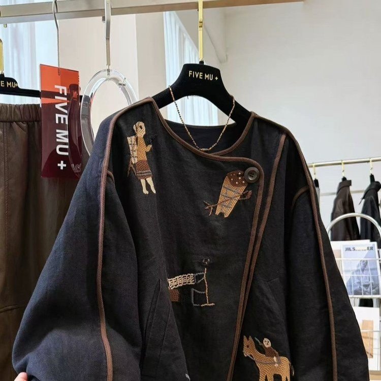 Embroidered Jacket for Women — Navy, Brown Trim, Folk Art Appliqué - image 2