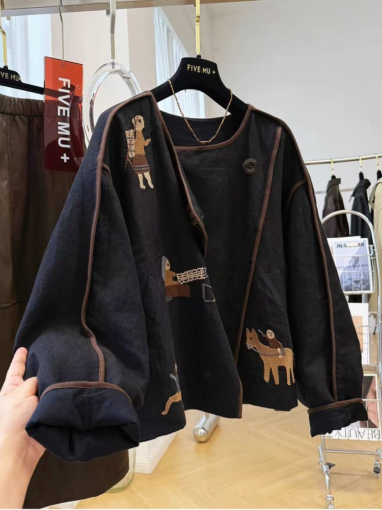 Embroidered Jacket for Women — Navy, Brown Trim, Folk Art Appliqué - image 4