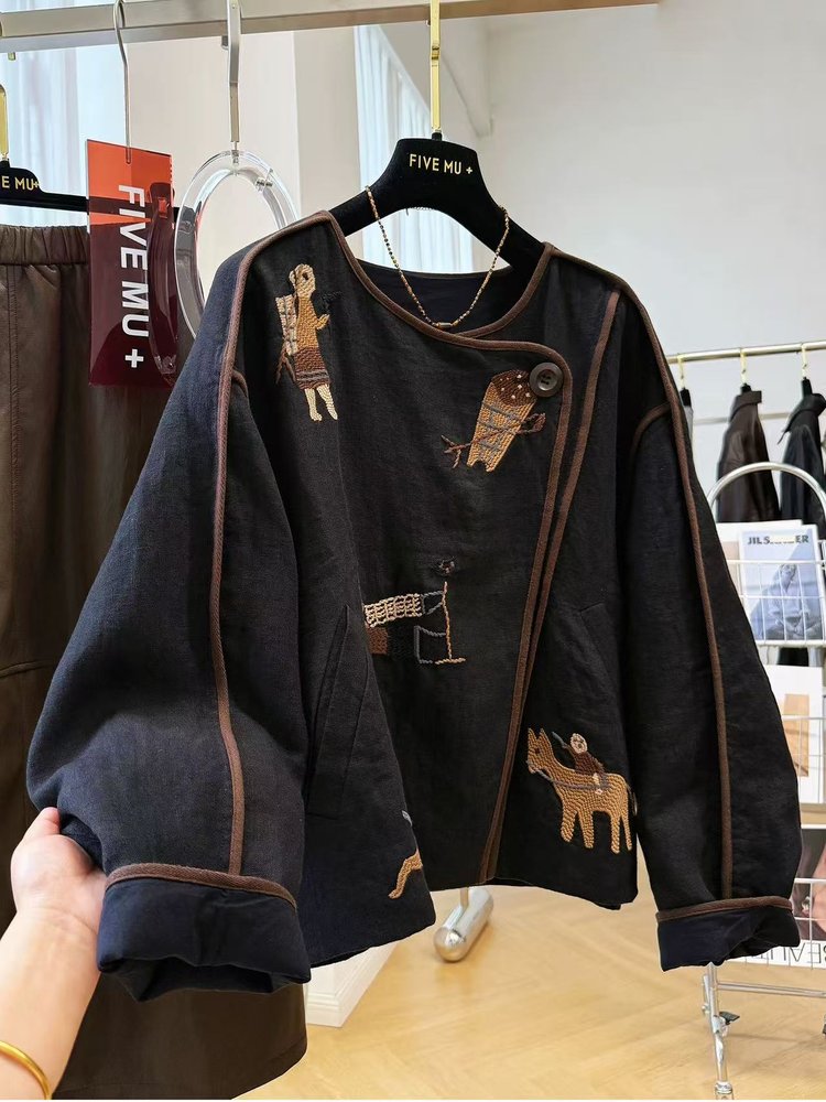 Embroidered Jacket for Women — Navy, Brown Trim, Folk Art Appliqué - image 5