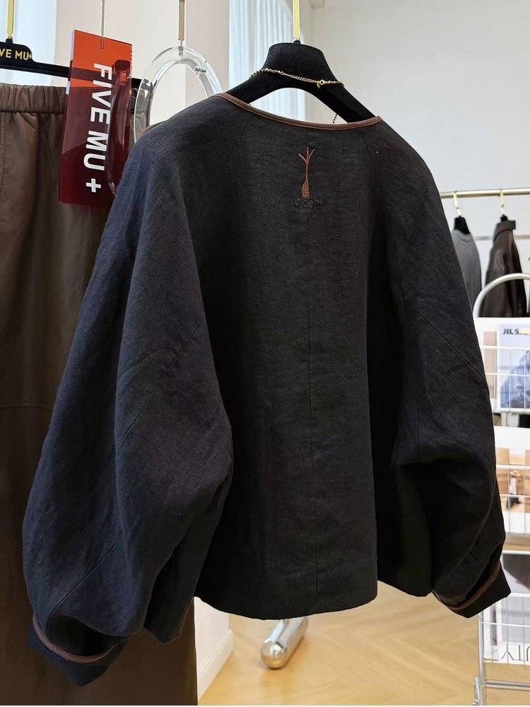 Embroidered Jacket for Women — Navy, Brown Trim, Folk Art Appliqué - image 6