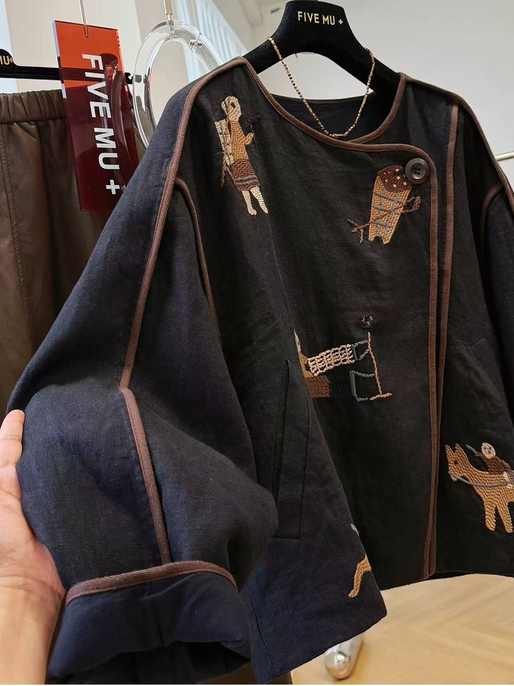 Embroidered Jacket for Women — Navy, Brown Trim, Folk Art Appliqué - image 7