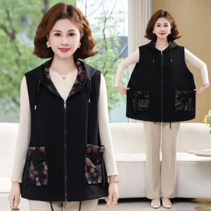 Fleece Vest for Women — Black, Floral Pocket, Front Zipper - image 1