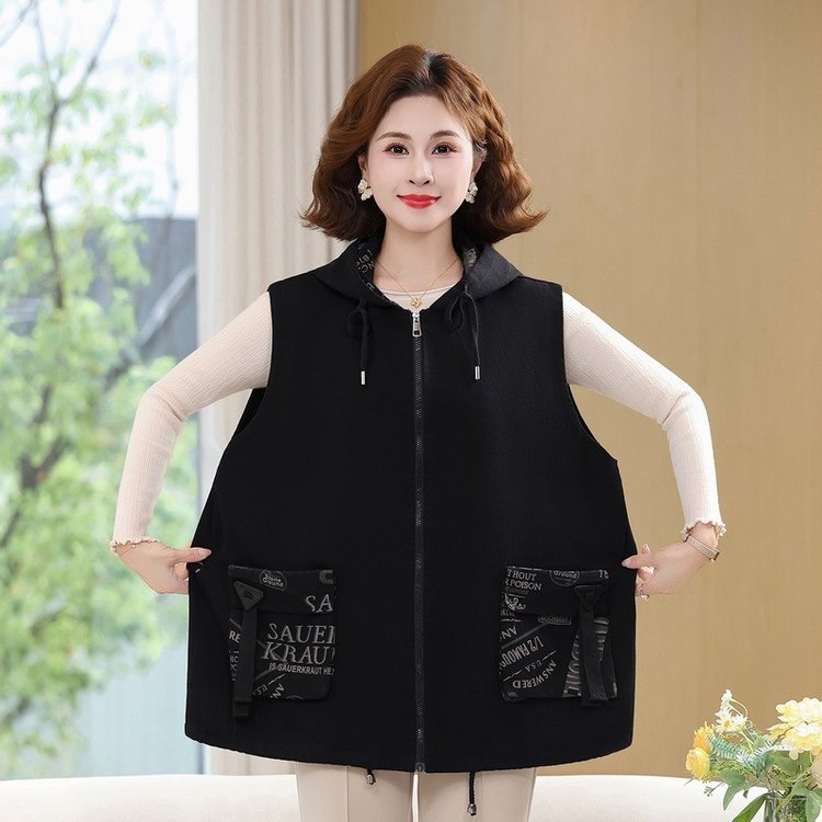 Fleece Vest for Women — Black, Floral Pocket, Front Zipper - image 3