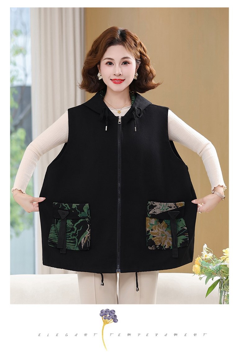 Fleece Vest for Women — Black, Floral Pocket, Front Zipper - image 6