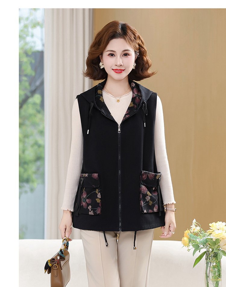 Fleece Vest for Women — Black, Floral Pocket, Front Zipper - image 7