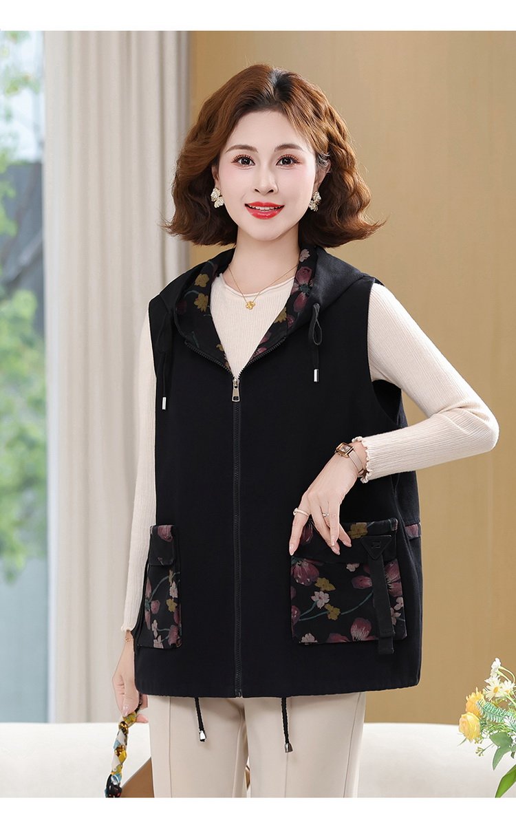Fleece Vest for Women — Black, Floral Pocket, Front Zipper - image 8