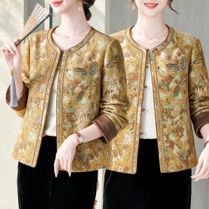Embroidered Mandarin Jacket for Women — Gold, Floral & Bird, Brown Cuffs - image 1