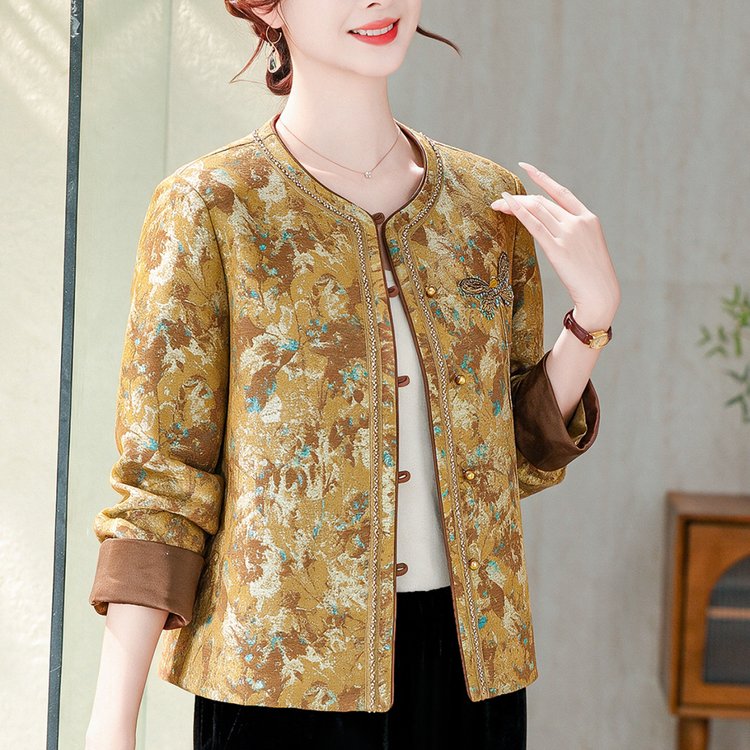Embroidered Mandarin Jacket for Women — Gold, Floral & Bird, Brown Cuffs - image 2