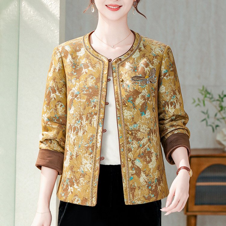 Embroidered Mandarin Jacket for Women — Gold, Floral & Bird, Brown Cuffs - image 3