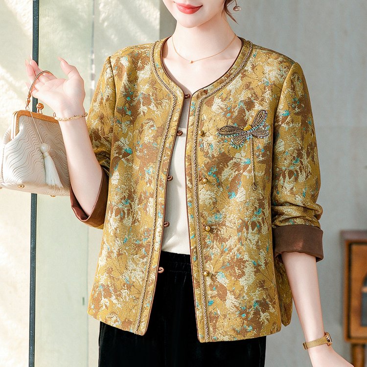 Embroidered Mandarin Jacket for Women — Gold, Floral & Bird, Brown Cuffs - image 4