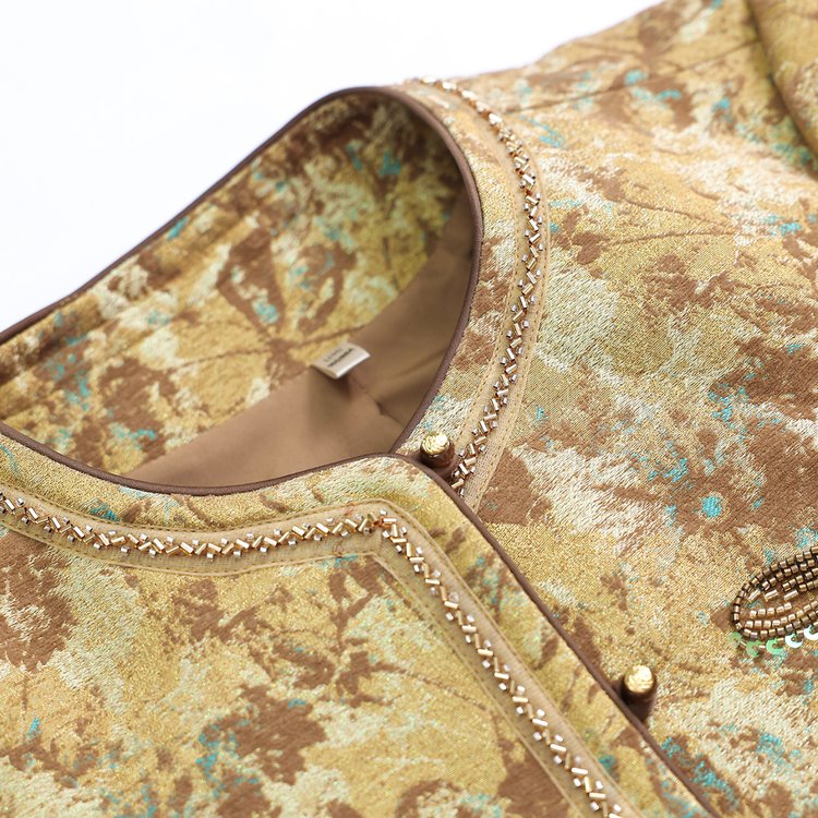 Embroidered Mandarin Jacket for Women — Gold, Floral & Bird, Brown Cuffs - image 5