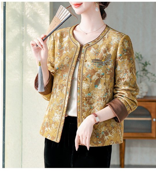 Embroidered Mandarin Jacket for Women — Gold, Floral & Bird, Brown Cuffs - image 7