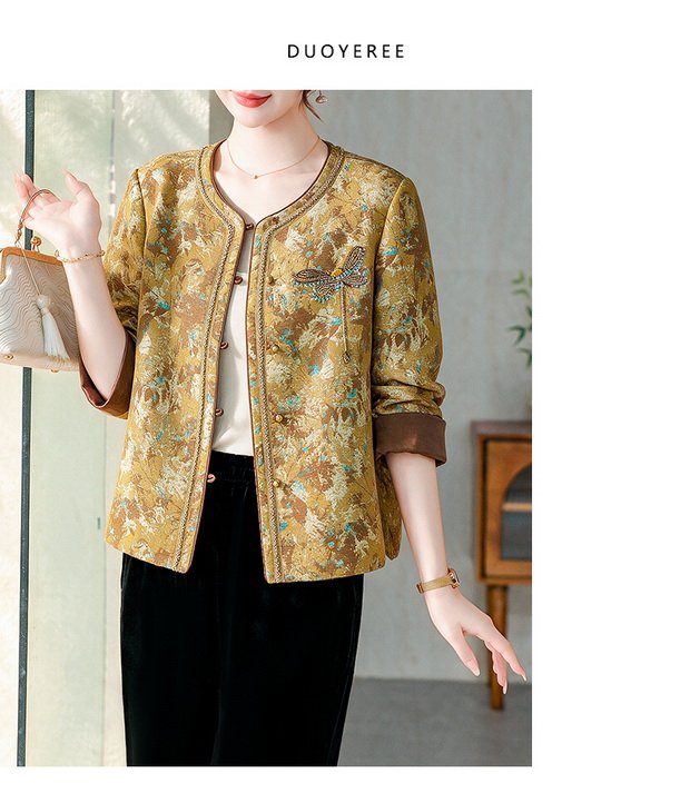 Embroidered Mandarin Jacket for Women — Gold, Floral & Bird, Brown Cuffs - image 8